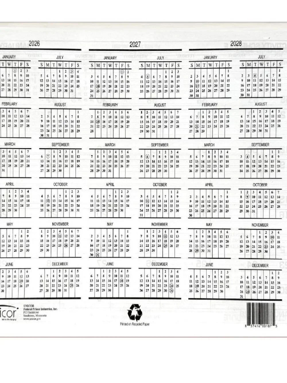 Unicor 2027 US Government Appointment Schedule, Qty=1, Single Calendar